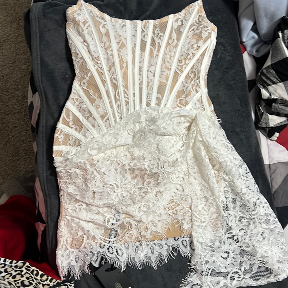 White lace corset draped mini dress